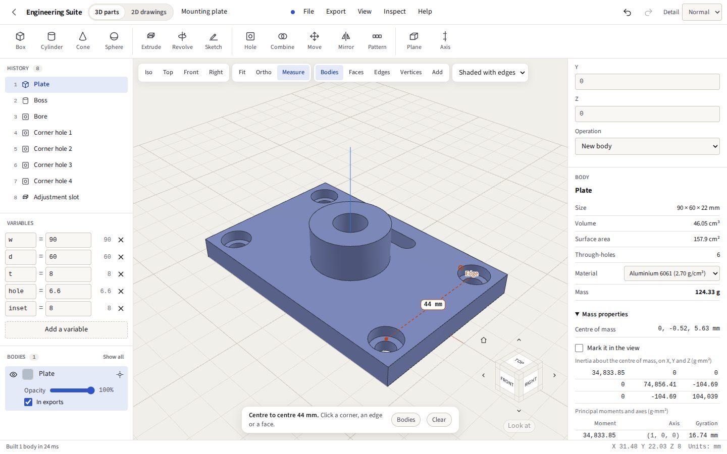 The Engineering Suite in the light theme: a mounting plate in the 3D view, the distance between two of its bolt holes measured at 44 mm, and the Body panel giving its volume, surface area and mass in aluminium