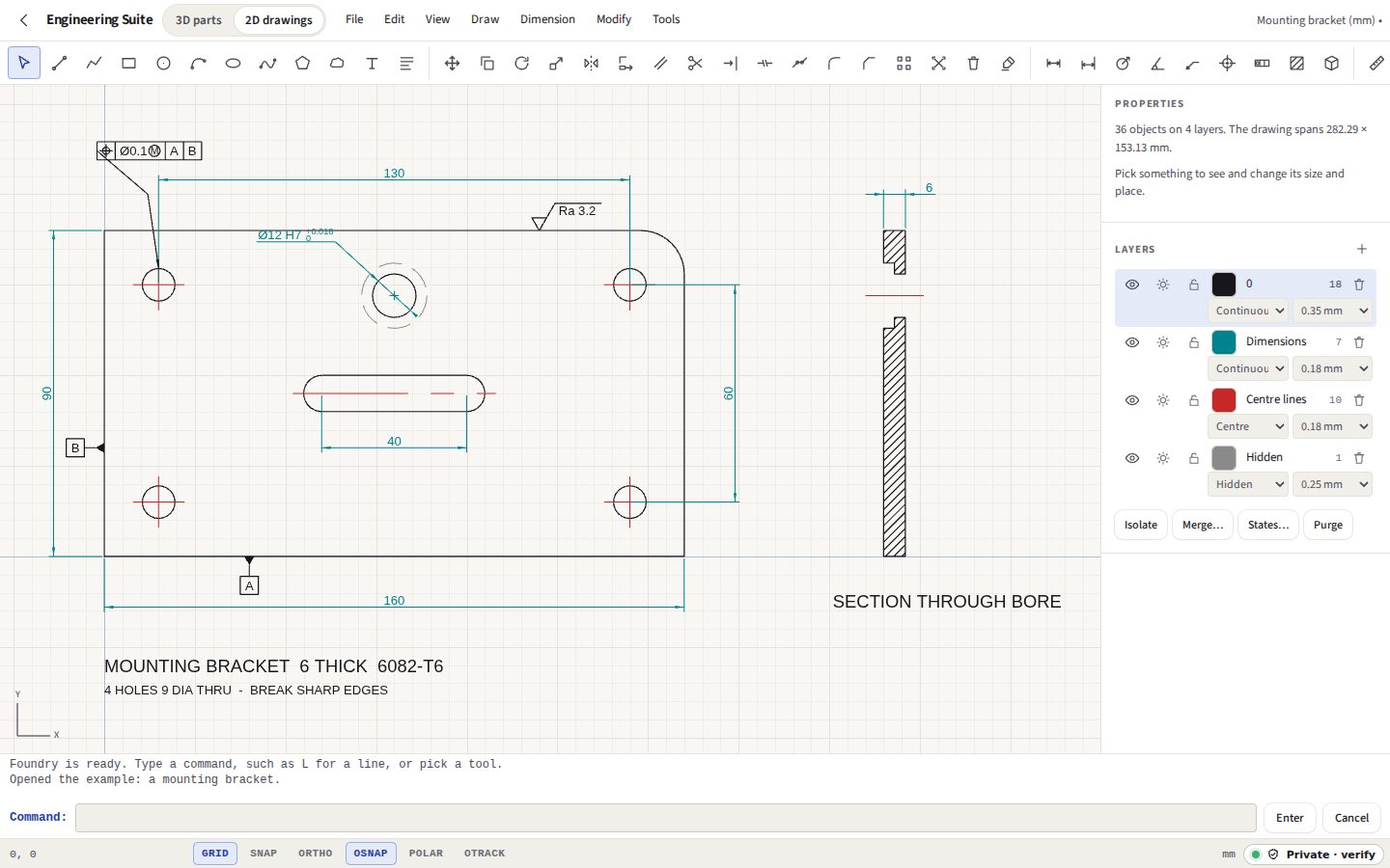 Foundry in the light theme: a mounting bracket dimensioned, its bore marked 12 H7 with its limits, a position tolerance to datums A and B on the bolt holes, a surface texture symbol, and a hatched section through the bore