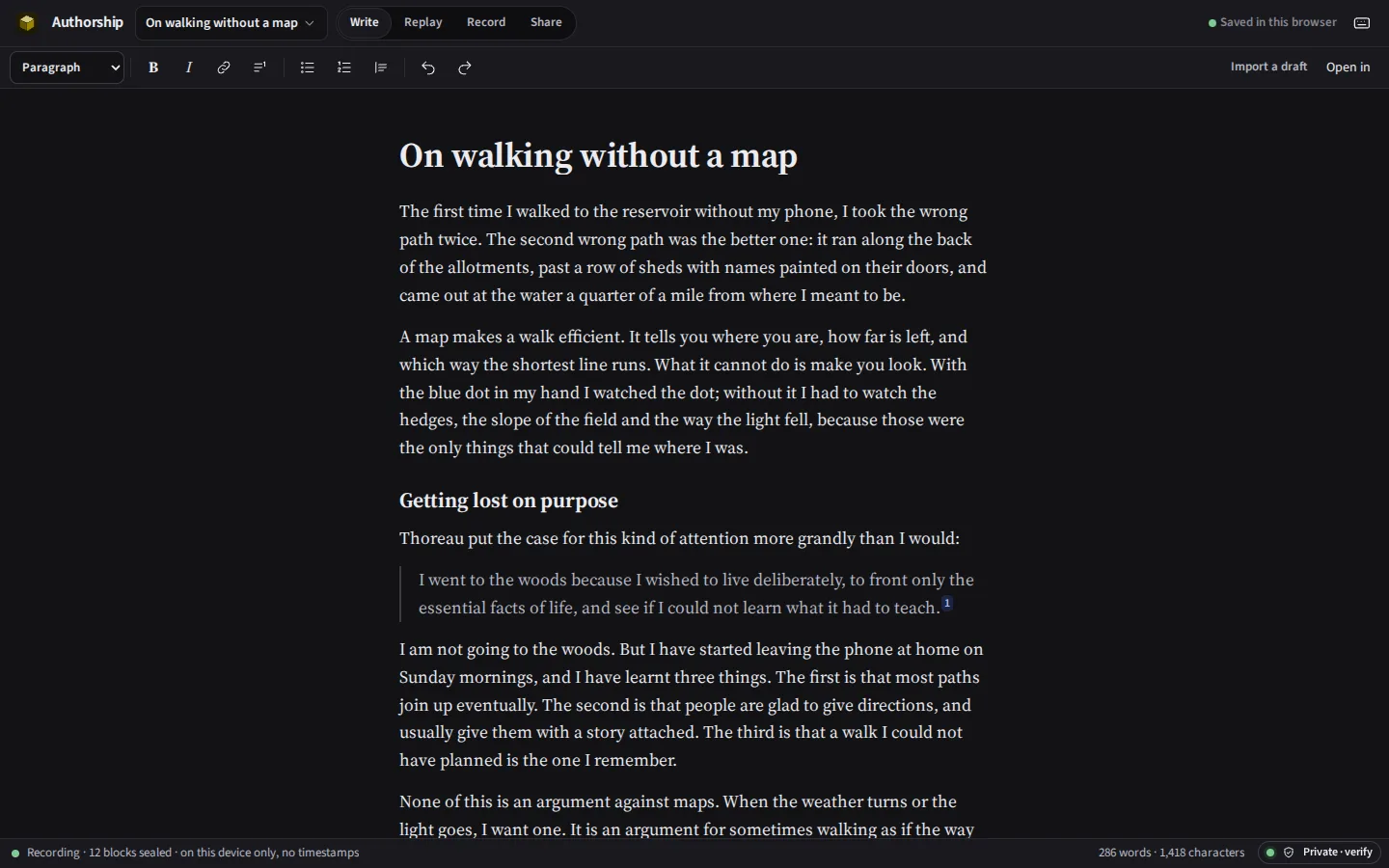The same essay being written, in the dark theme