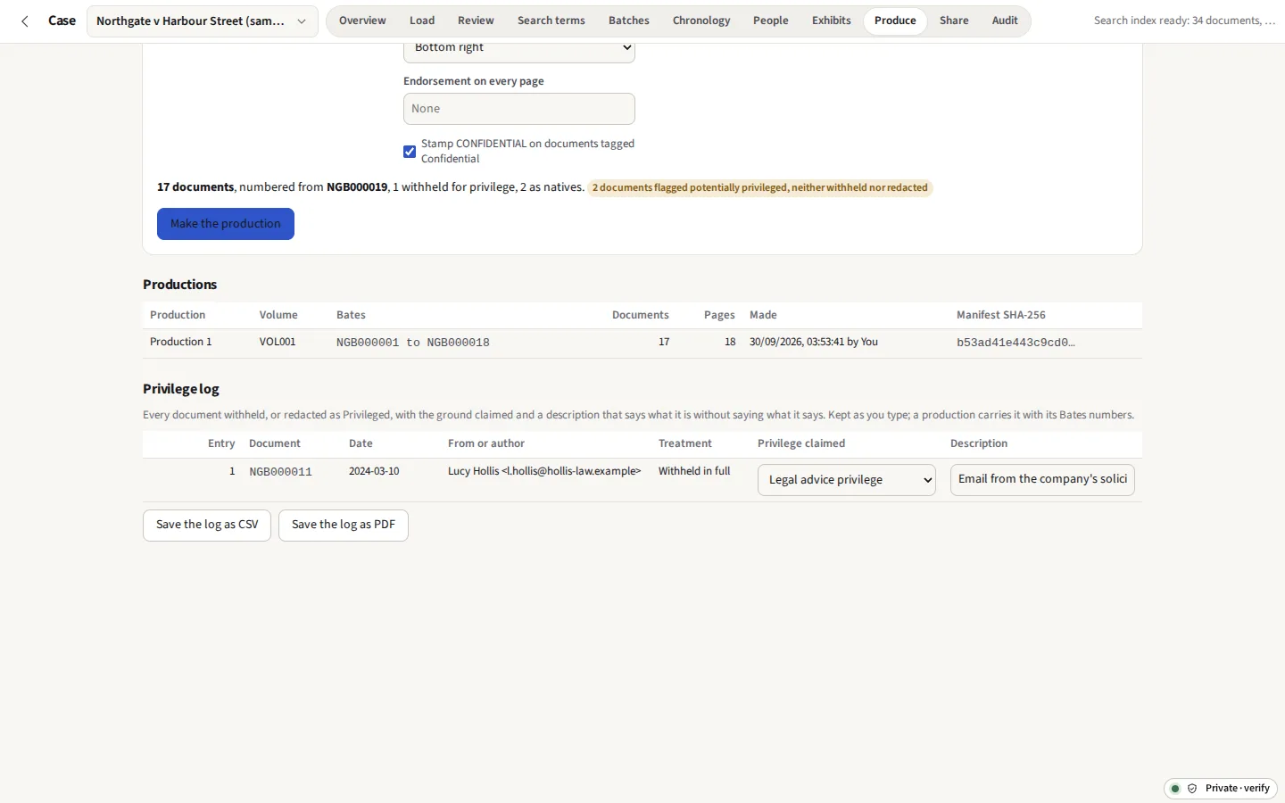 The Produce screen after a production: the next one numbered from NGB000019, the first listed with its Bates range, 17 documents, 18 pages and its manifest SHA-256, and the privilege log with the withheld email, its ground and its description