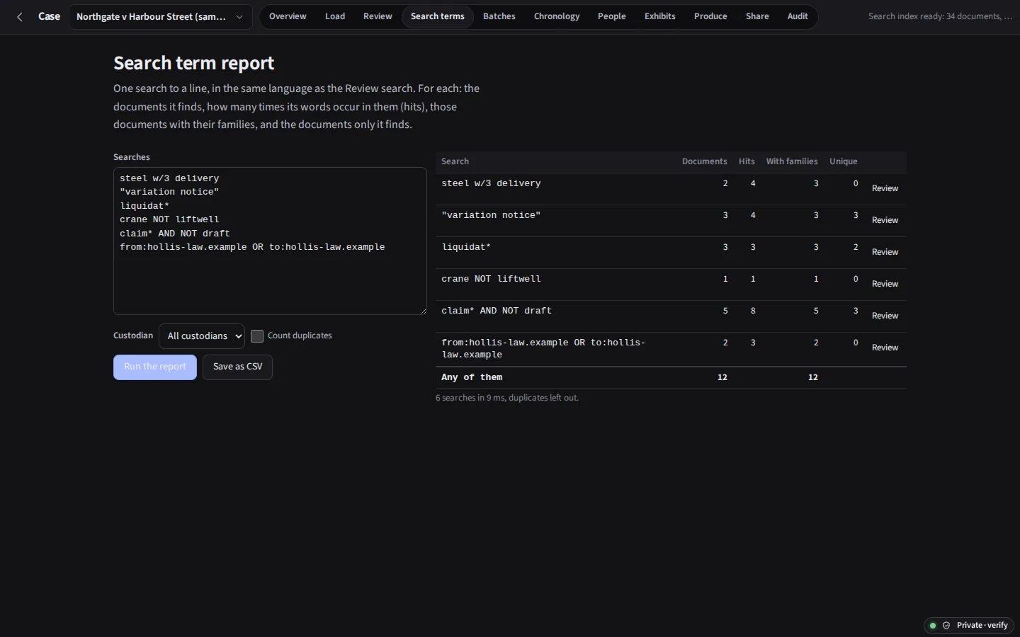 The same search term report in the dark theme