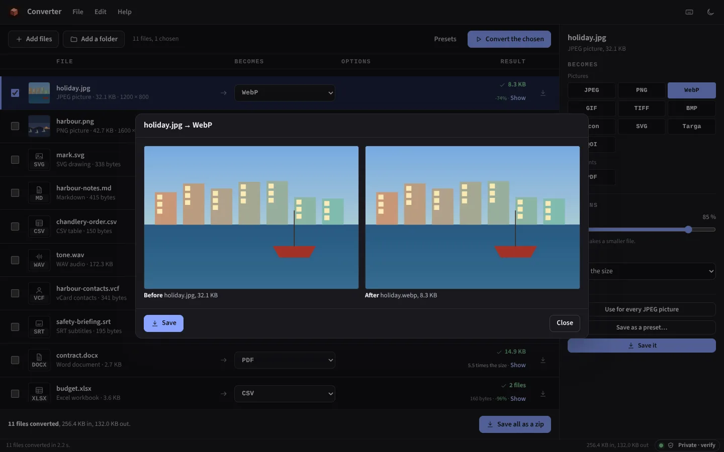 The same comparison in the dark theme