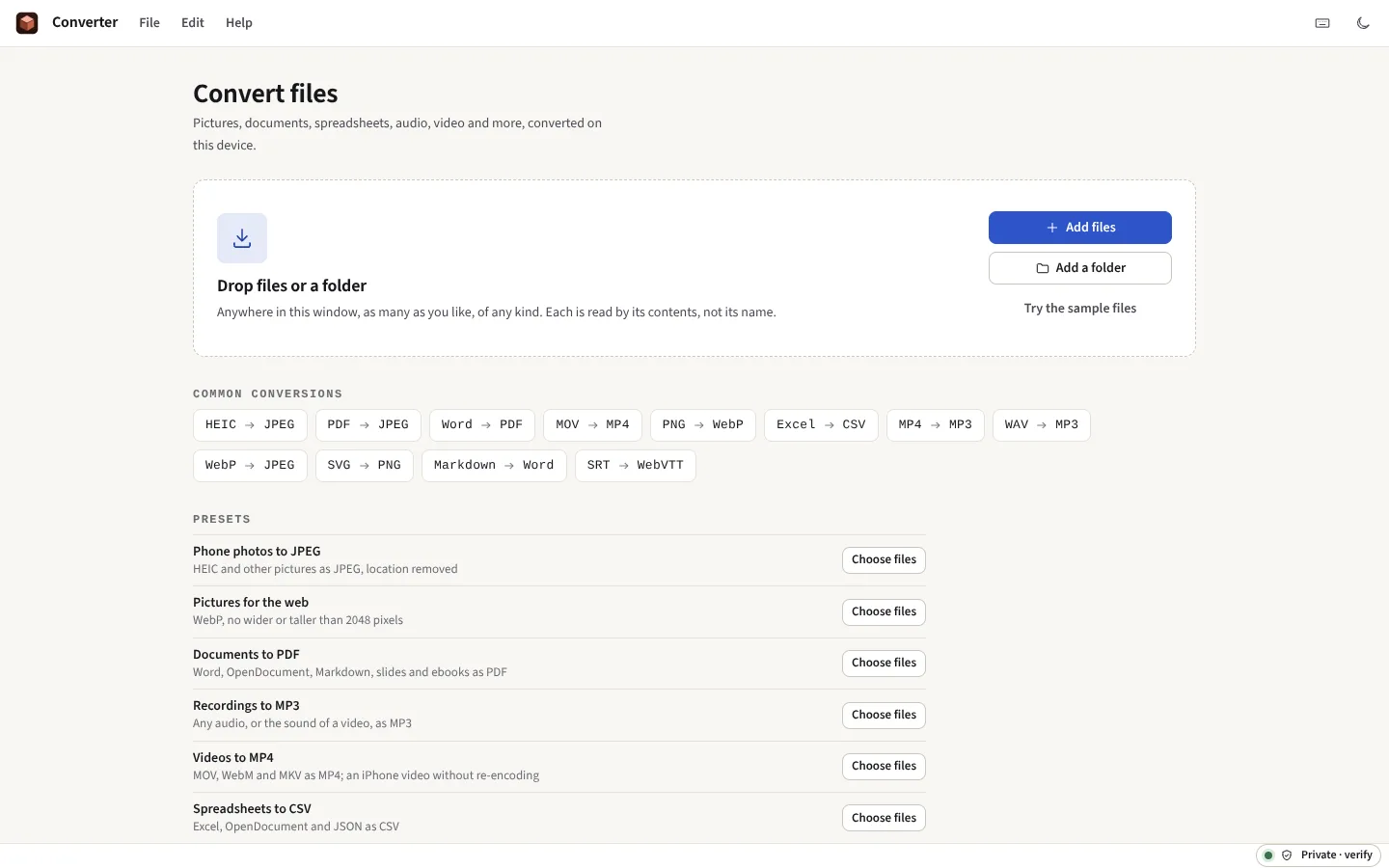 The start: a place to drop files or a folder, the commonest conversions, and the presets