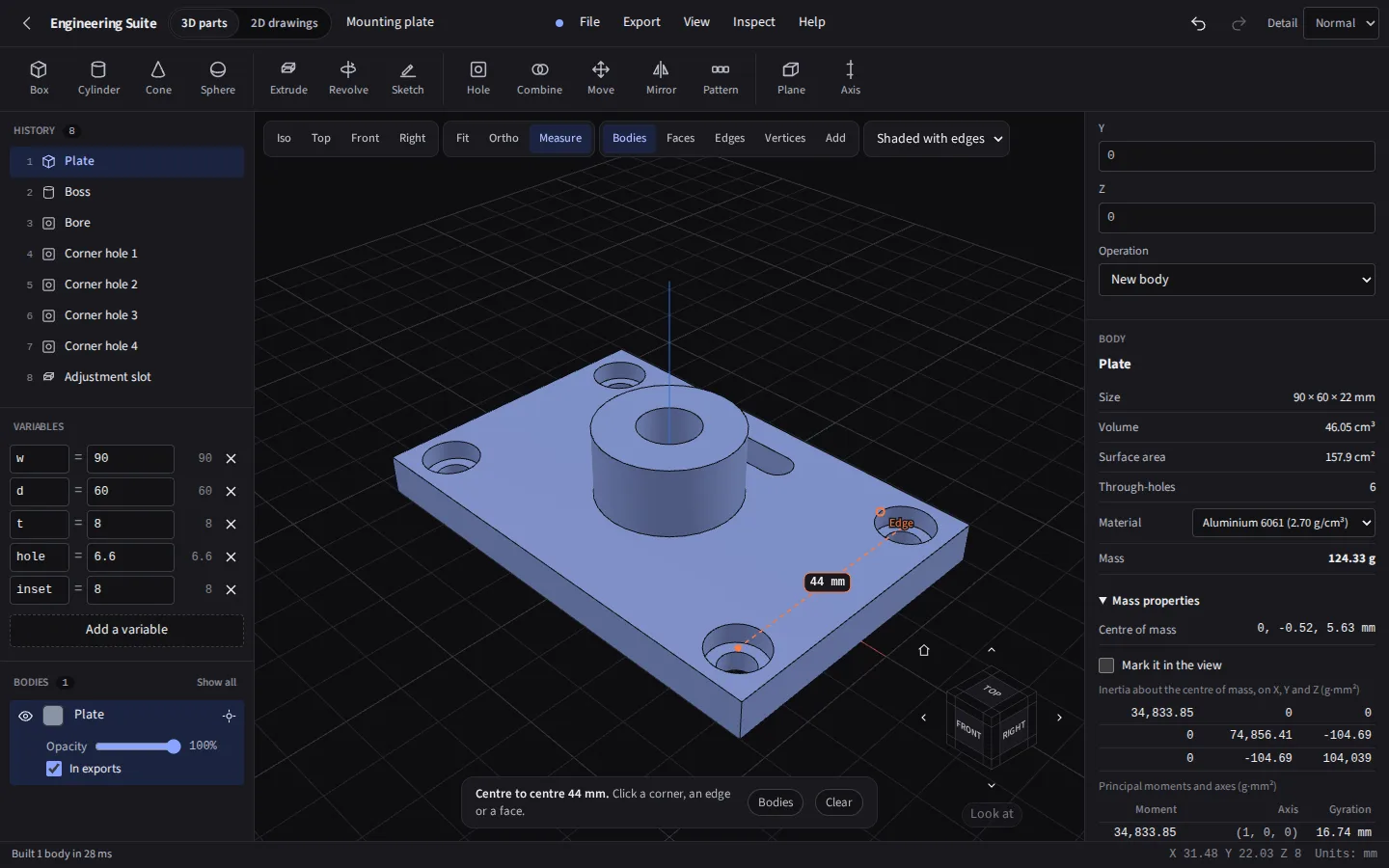 The Engineering Suite in the dark theme: a mounting plate in the 3D view, the distance between two of its bolt holes measured at 44 mm, and the Body panel giving its volume, surface area and mass in aluminium