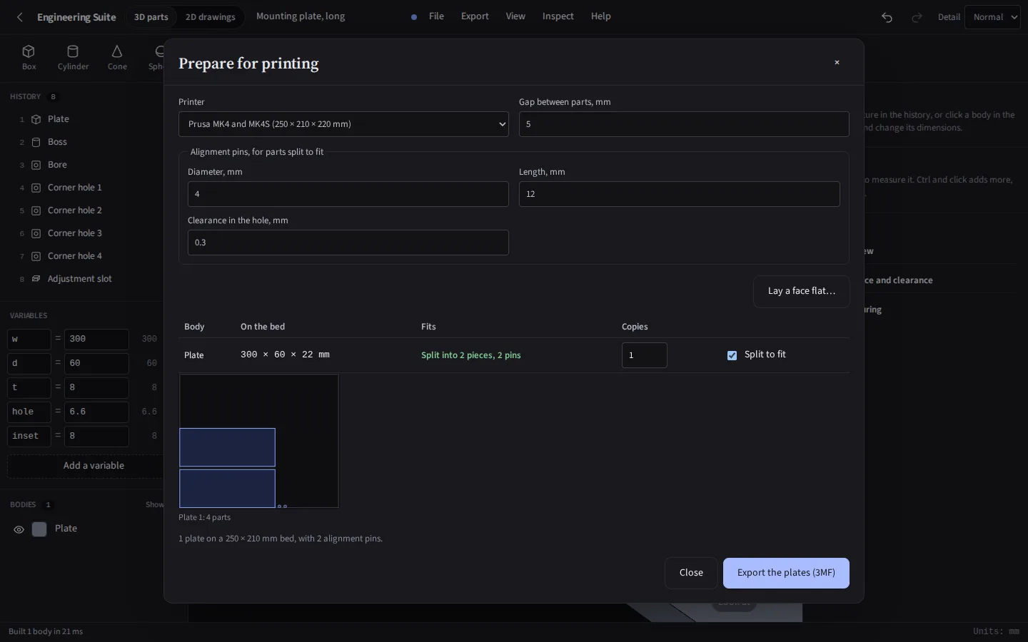 The same print preparation in the dark theme