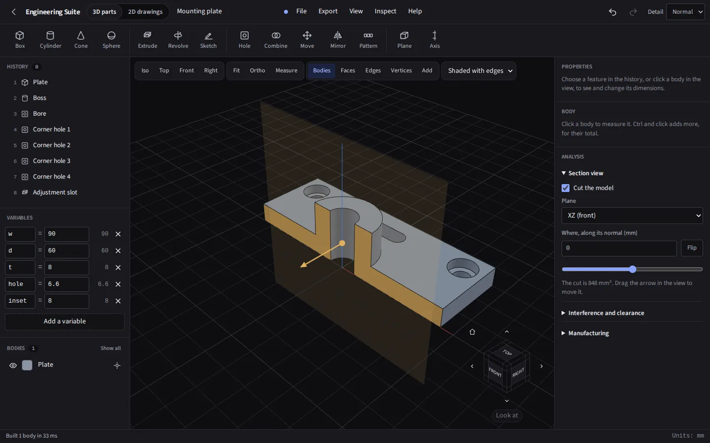The same section view in the dark theme