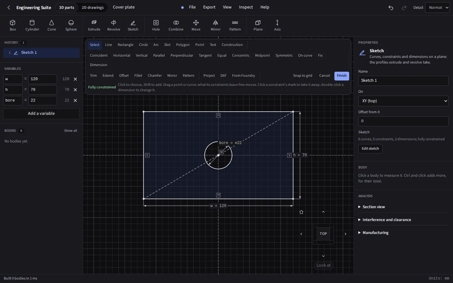 The same sketch in the dark theme, fully constrained, its dimensions named w, h and bore