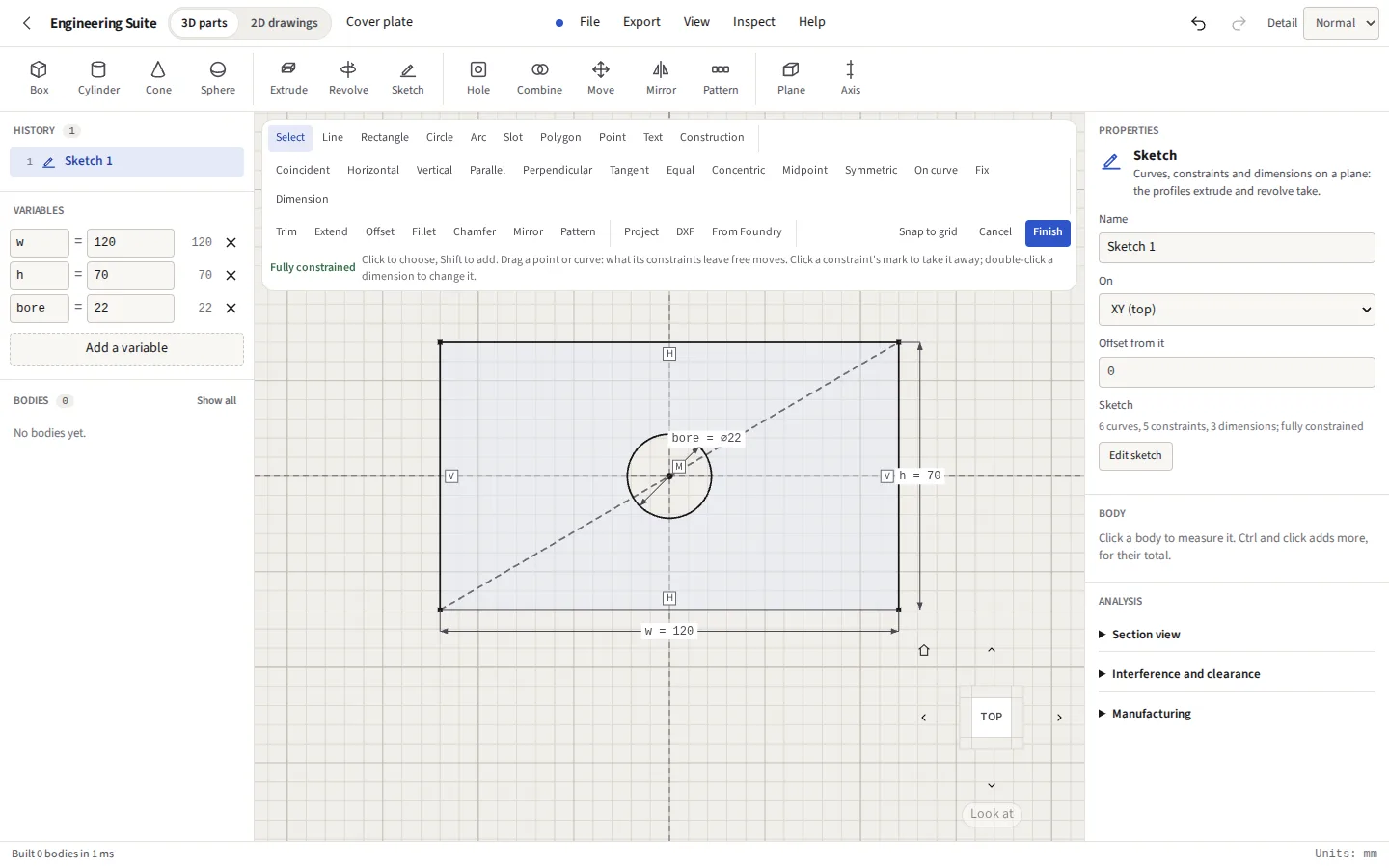A sketch on the XY plane: a rectangle 120 by 70 with a 22 mm bore at its centre, dimensioned as w, h and bore, and the bar reading fully constrained
