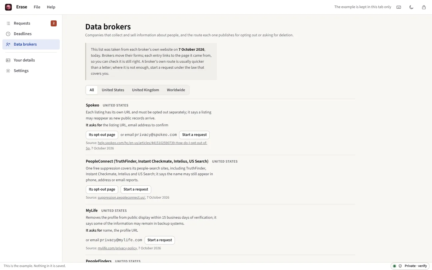 The data brokers list, with the date it was checked, each broker's own opt-out page, what it asks for, and its source