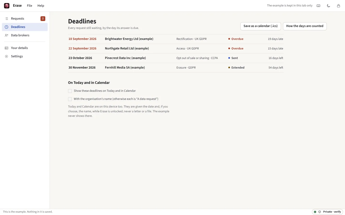 The deadlines list: each waiting request by the day its answer is due, overdue ones marked, with the switch that shows them on Today and in Calendar