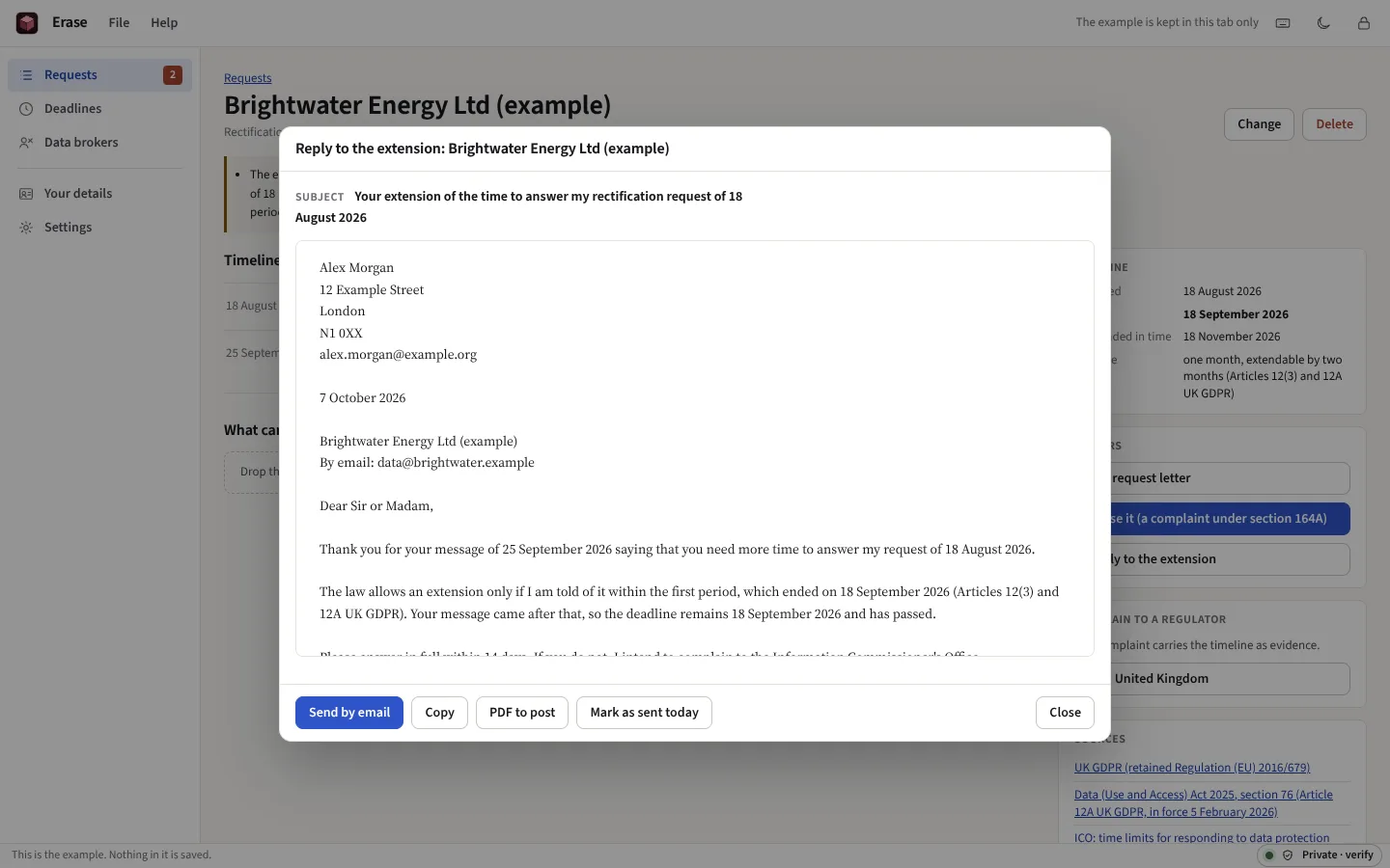 A reply to an extension claimed after the first month had ended, saying the deadline stands and has passed, with buttons to send it by email, copy it or save it as a PDF