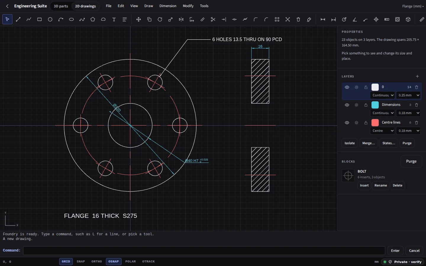 The same flange drawing in the dark theme