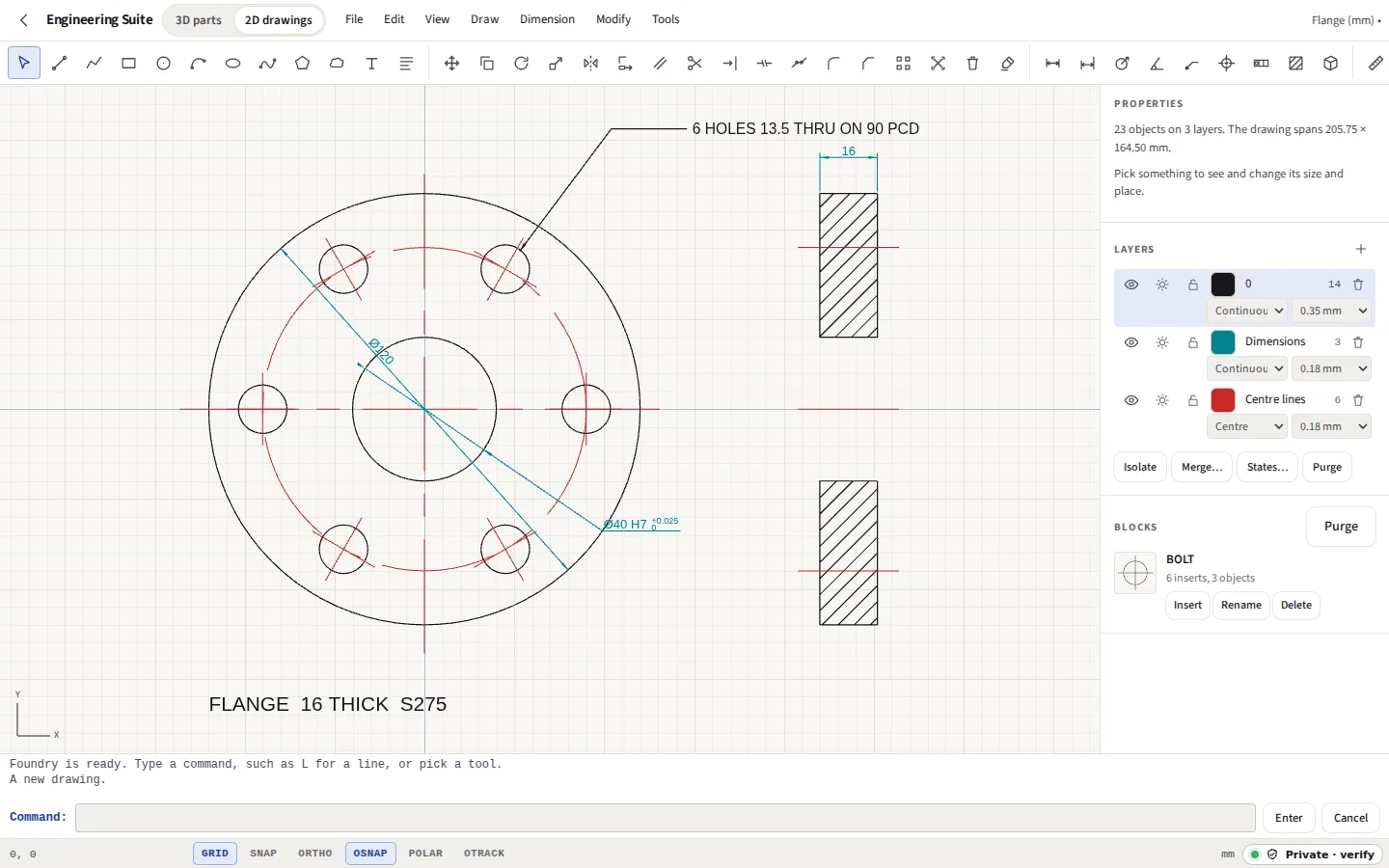 A flange drawn in Foundry: six bolt holes as six inserts of one block named BOLT on a 90 mm pitch circle, the bore dimensioned 40 H7 with limits of plus 0.025 and 0, and a hatched half section; the Blocks panel lists BOLT with six inserts
