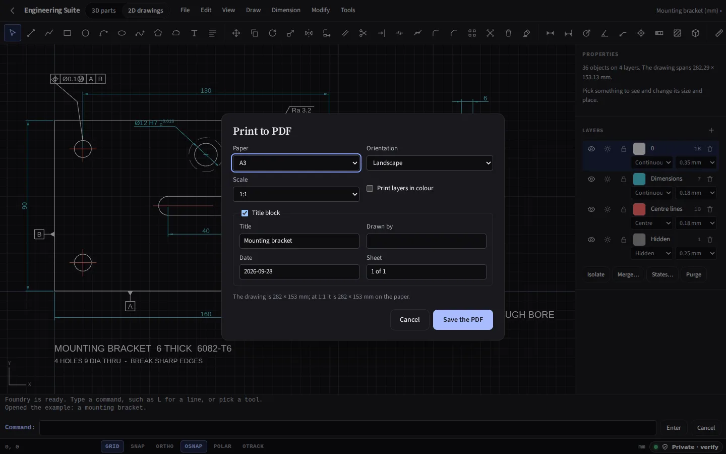 The same Print to PDF dialog in the dark theme
