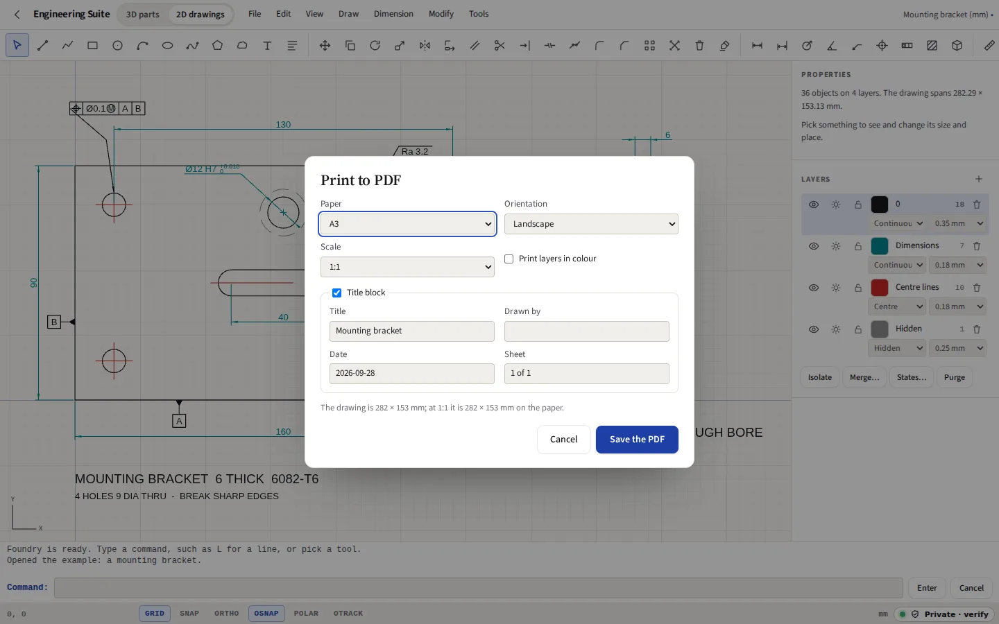 The Print to PDF dialog over the bracket drawing: A3 landscape at 1:1, with a title block filled in with the title, date and sheet, and a line saying the drawing is 282 by 153 mm on the paper
