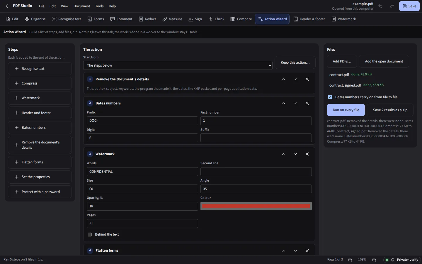 The same batch of steps in the dark theme