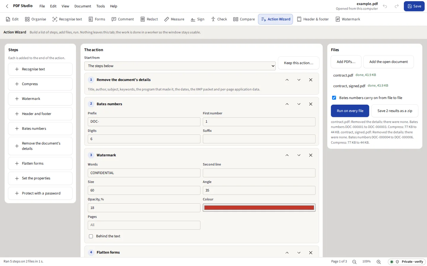 The Action Wizard with five steps (remove the document&rsquo;s details, Bates numbers, a CONFIDENTIAL watermark, flatten, compress) run on two files, each done, ready to save as one zip