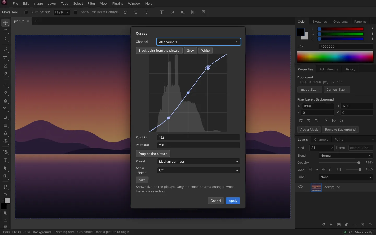 The Curves dialog over the landscape: all channels, the Medium contrast preset, a point at 192 in and 210 out, black, grey and white point buttons, a clipping display and an Auto button, over the picture&rsquo;s histogram