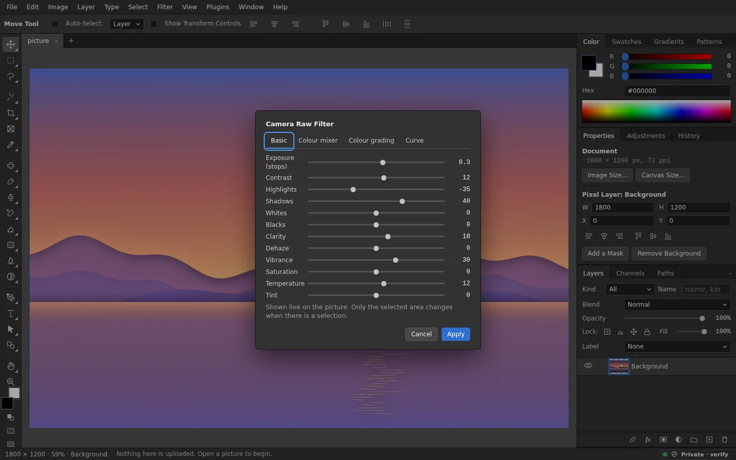 The Camera Raw Filter dialog over the picture, with exposure at 0.3, contrast 12, highlights minus 35, shadows 40, clarity 18, vibrance 30 and temperature 12, and tabs for the colour mixer, colour grading and the curve