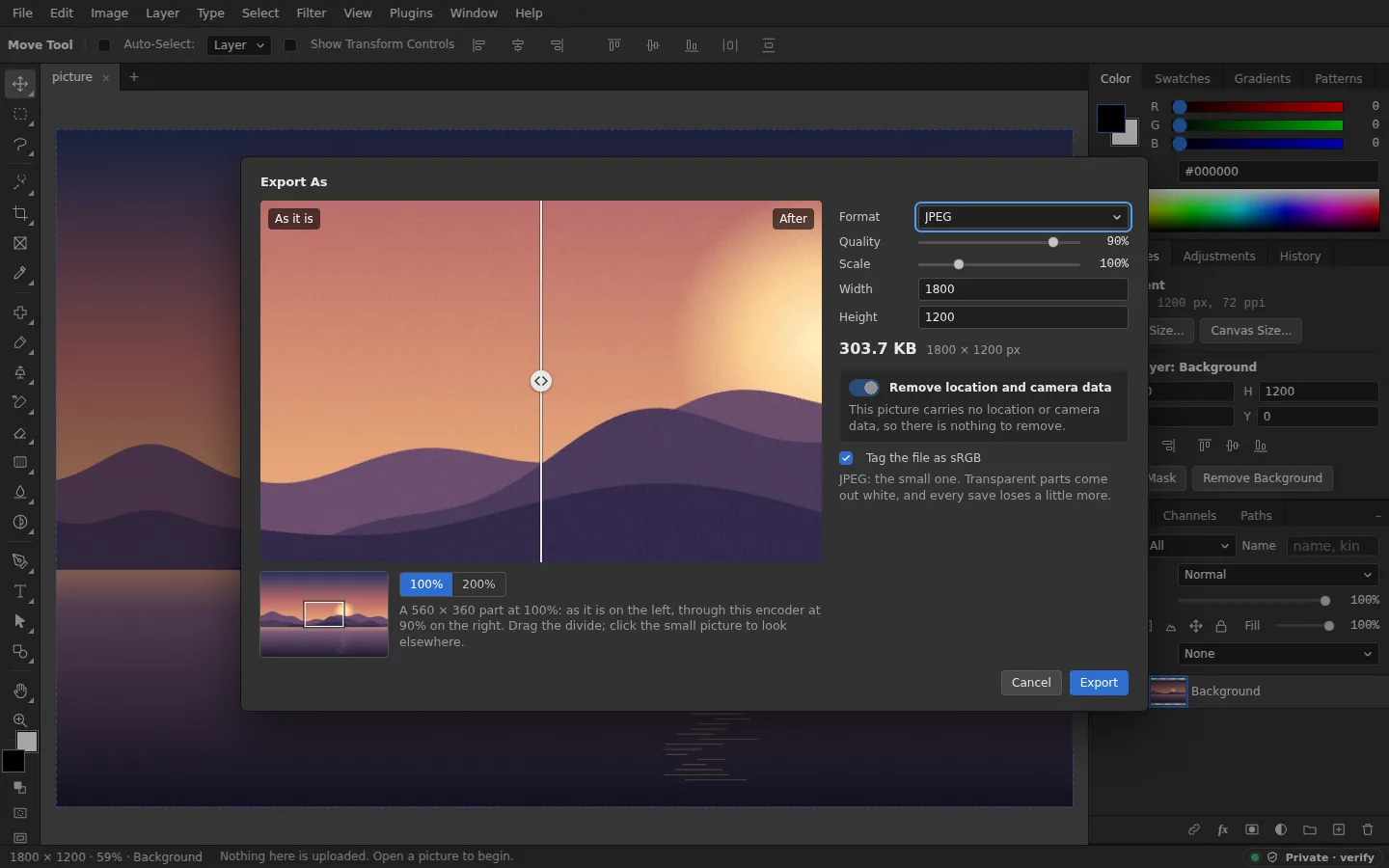 The Export As dialog: JPEG at 90 per cent, 1800 by 1200 pixels, 303.7 KB, with the picture as it is on the left of a divide and through the encoder on the right, and a switch that removes location and camera data