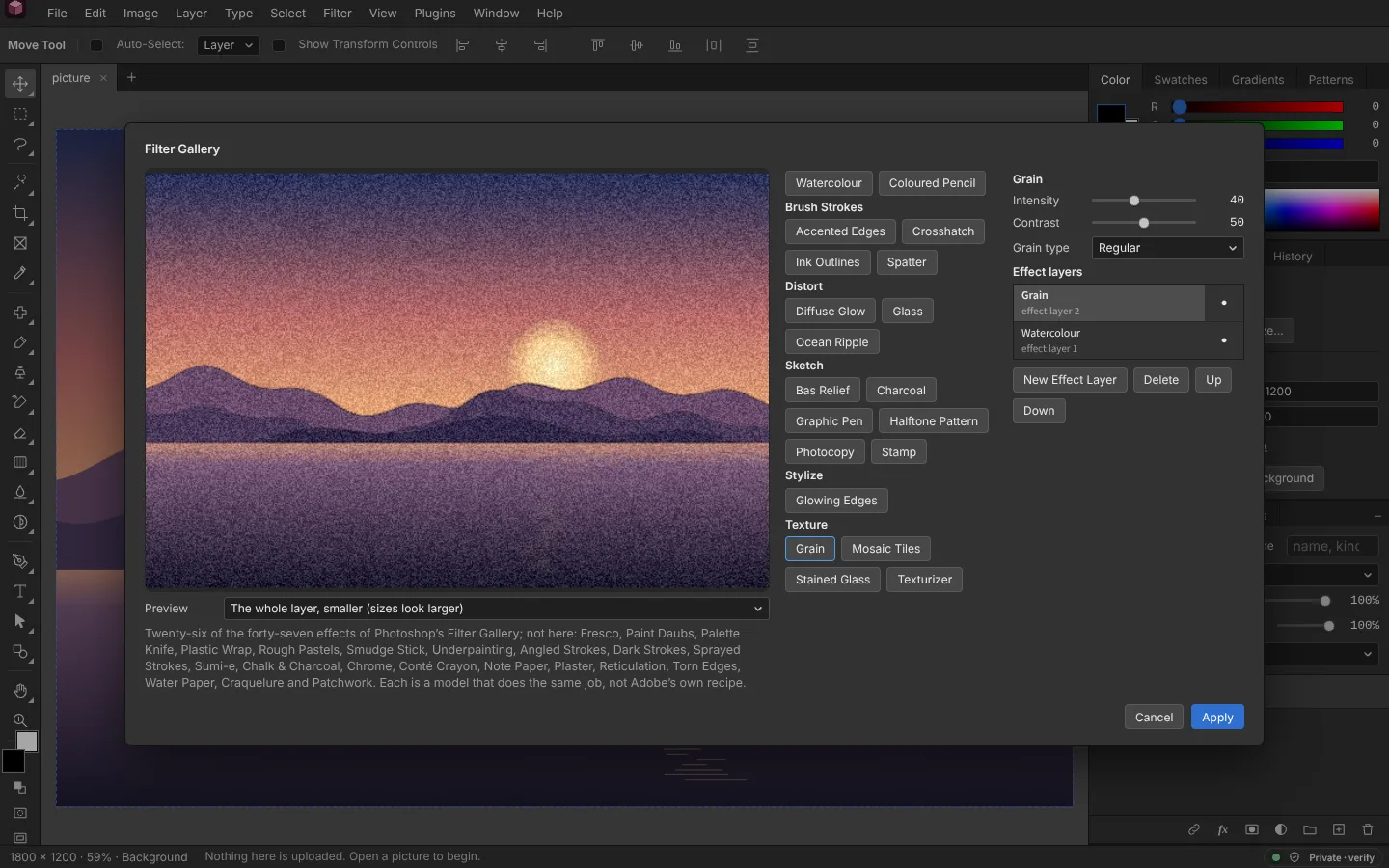 The Filter Gallery: the landscape previewed with Watercolour under Grain, the effects listed by family, Grain&rsquo;s intensity and contrast, and two effect layers with buttons to add, delete and reorder them