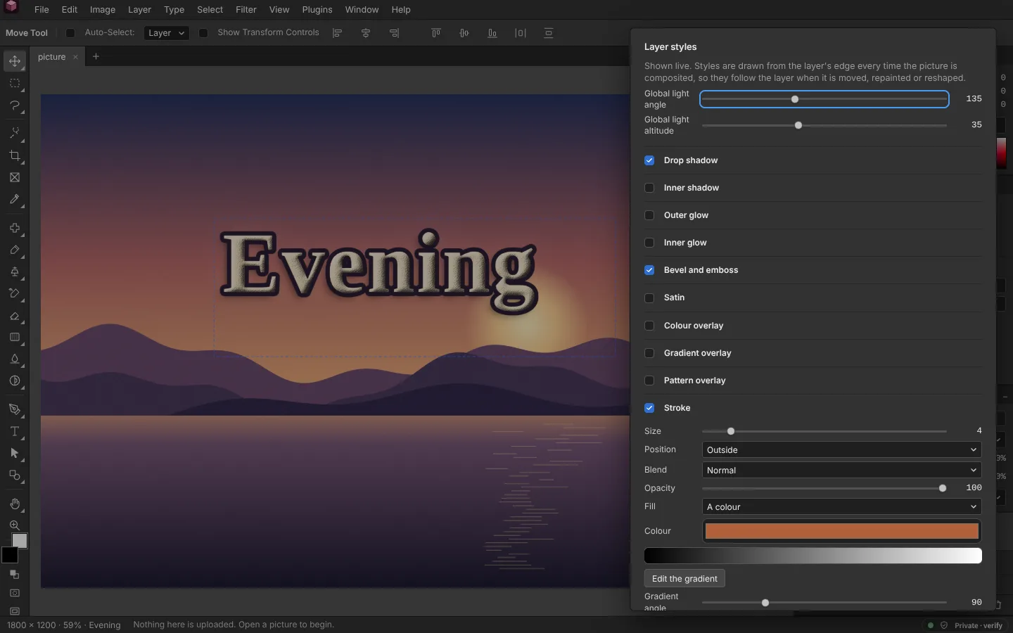 The Layer styles dialog beside the word Evening set over a landscape: global light at 135 degrees and 35 degrees altitude, drop shadow, bevel and emboss with a texture, and an outside stroke four pixels wide in a copper colour