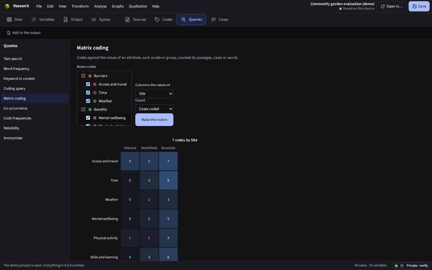 The same matrix in the dark theme
