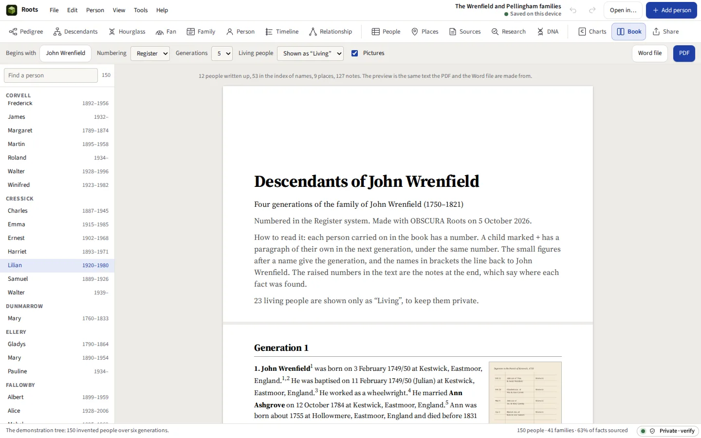 The family history book in preview: a generation of the Register, each person&rsquo;s paragraph with raised note numbers and their children listed beneath