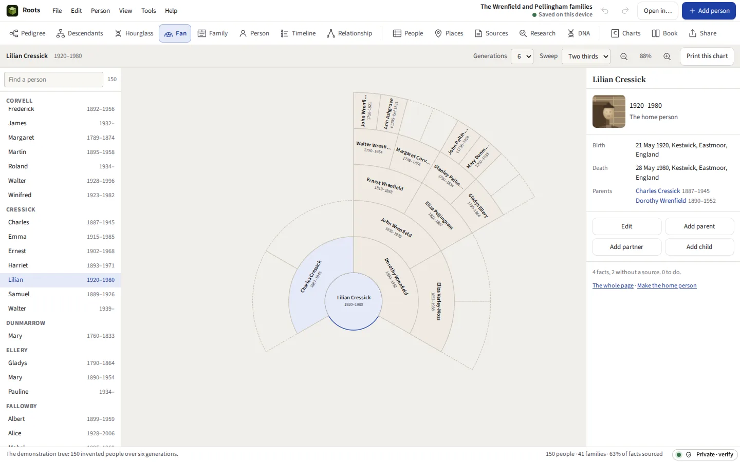 A fan chart of six generations of ancestors, each a wedge with the name and years, the father&rsquo;s side and the mother&rsquo;s side in two tints