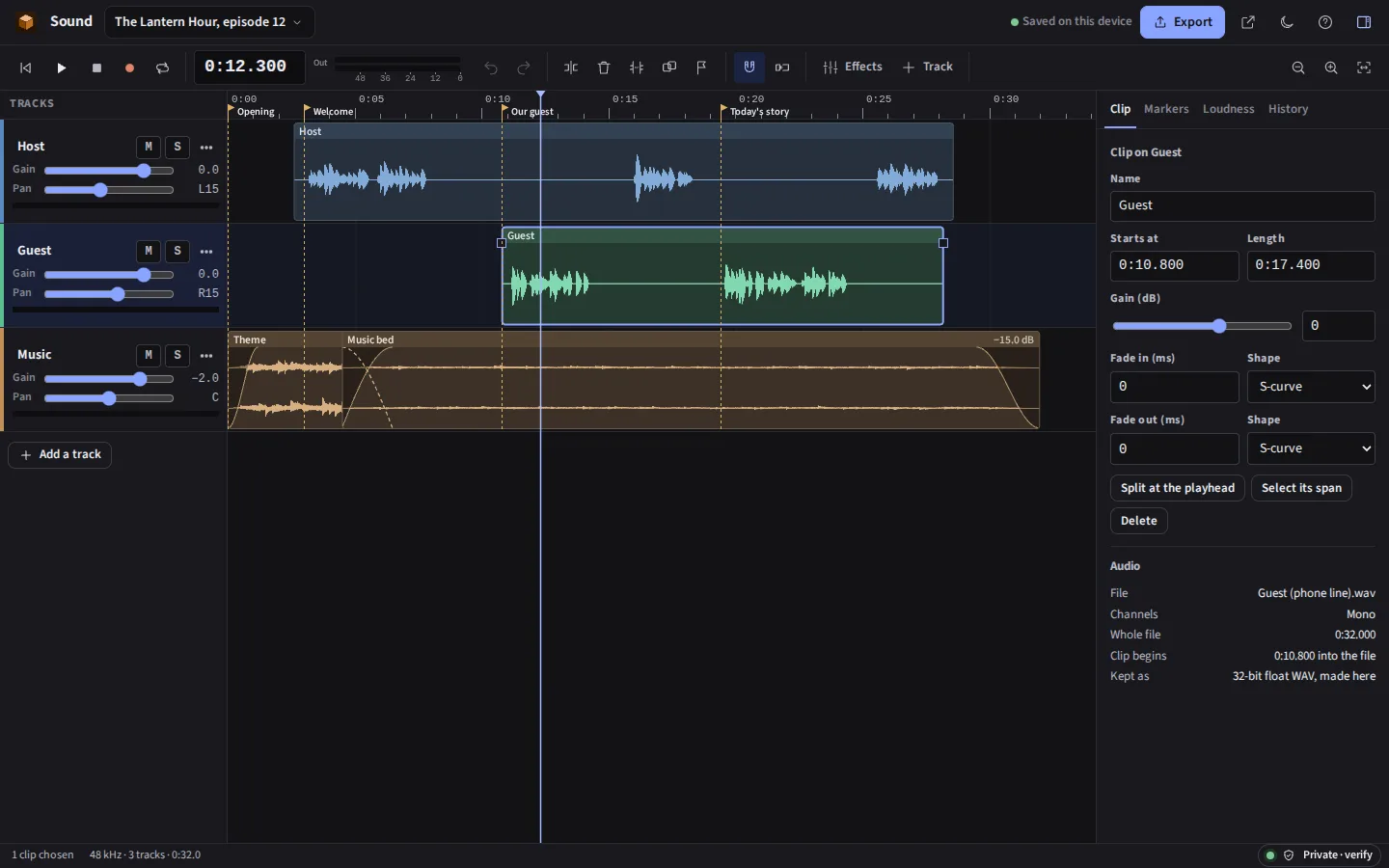 Sound in the dark theme: the same podcast on the timeline, with the tracks' meters and the inspector beside it
