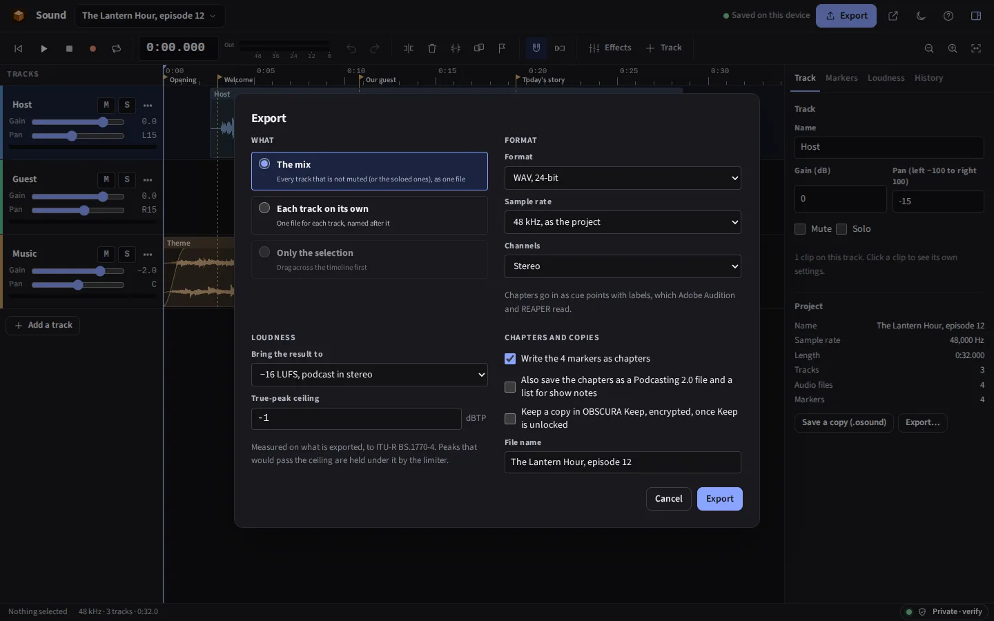 The same export window in the dark theme