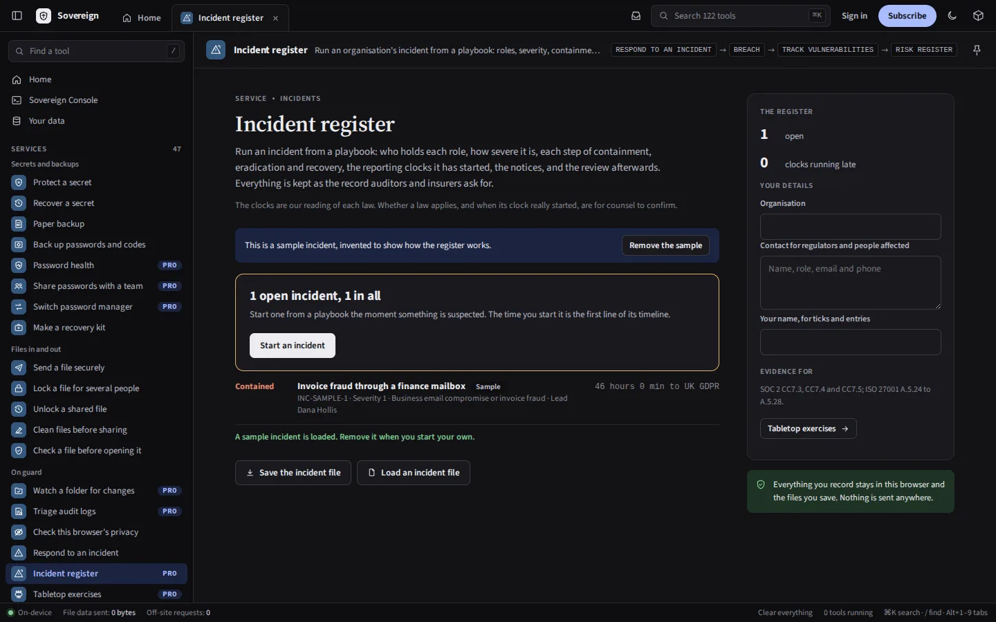 The same incident register in the dark theme