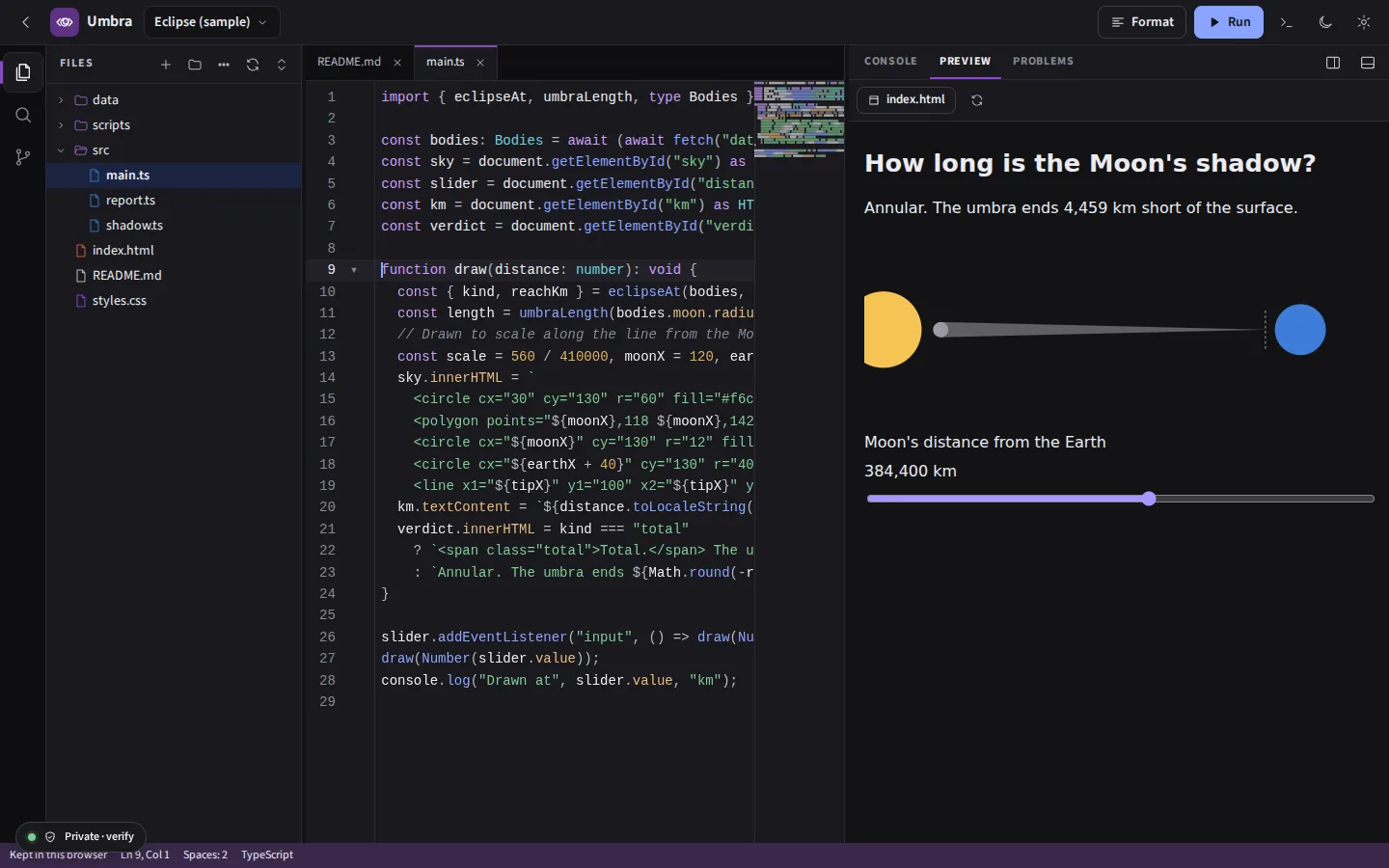 Umbra in the dark theme: the sample project open, its TypeScript in the editor with the file tree beside it, and the page it makes shown in the preview below