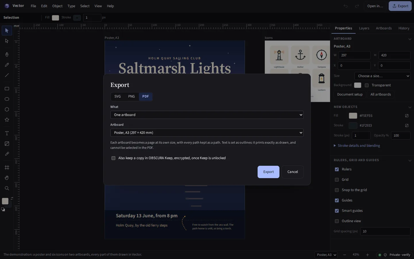 The same export window in the dark theme