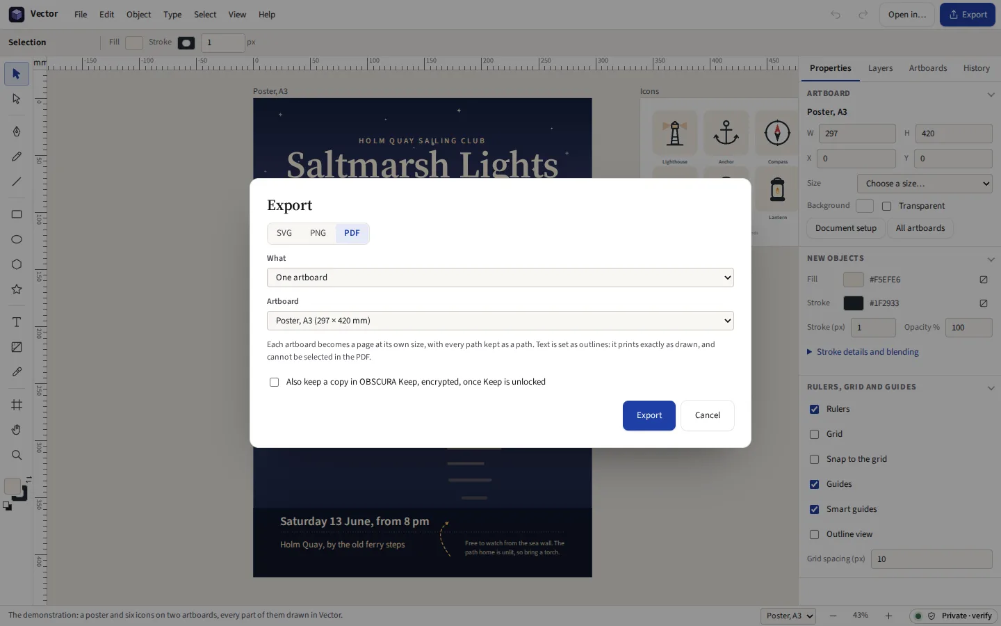 The export window with PDF chosen for the poster's artboard, and the note that every path stays a path and text is set as outlines