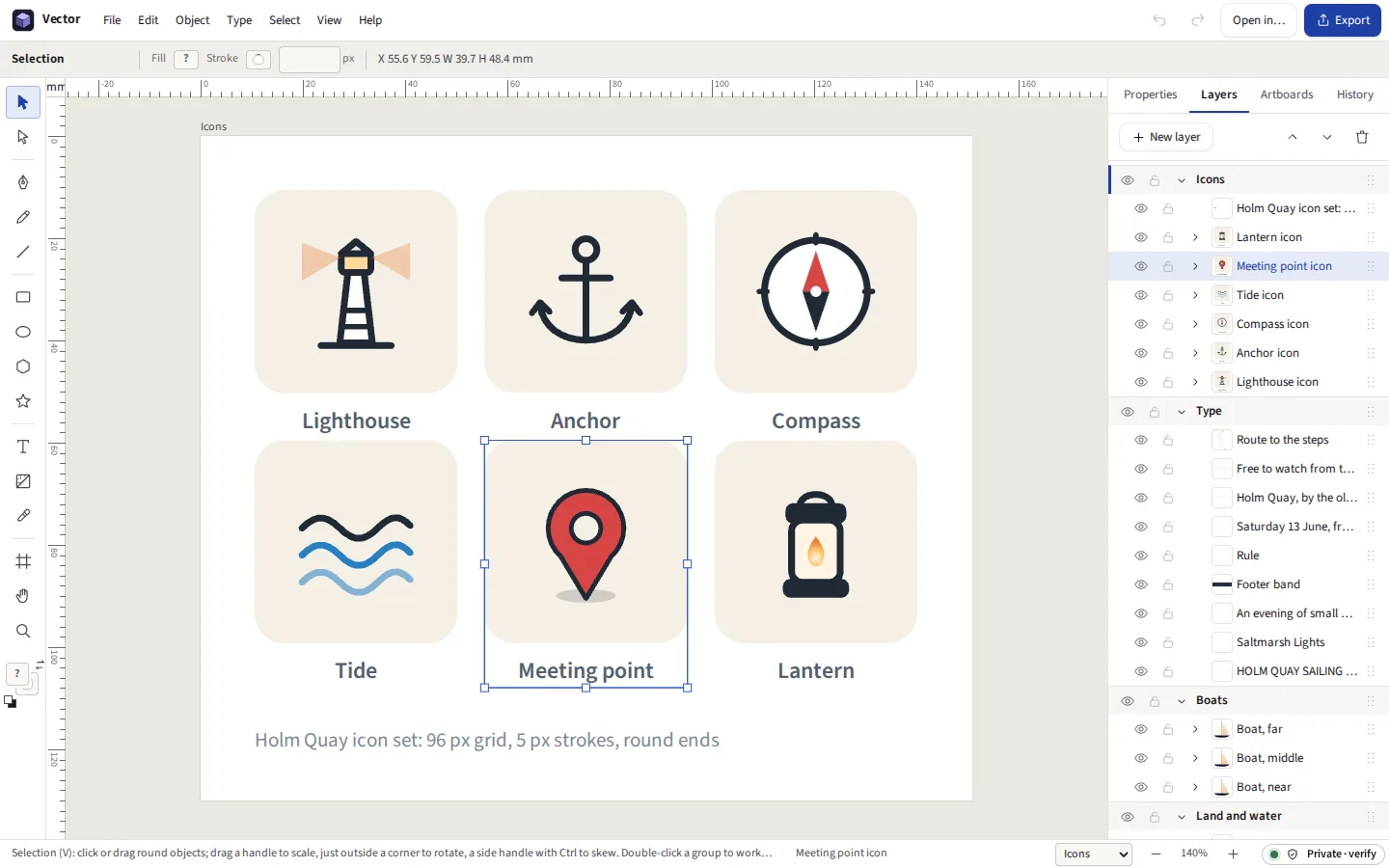 The second artboard: six icons for the harbour, the meeting point chosen, with the document's layers listed on the right