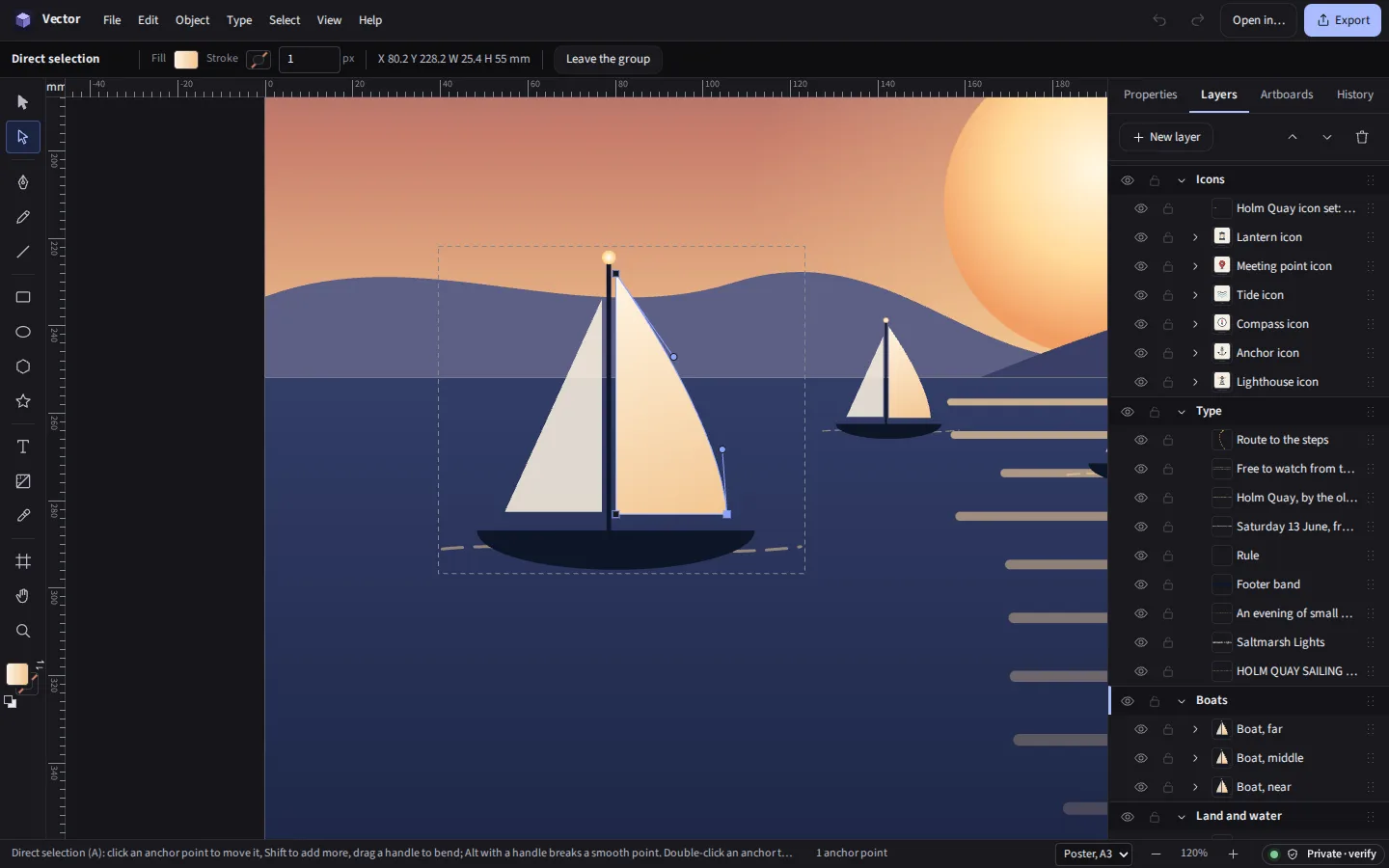 The same sail and its handles in the dark theme