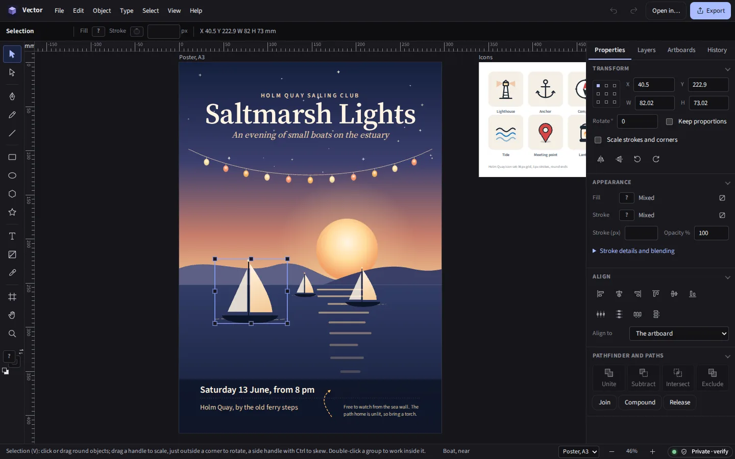Vector in the dark theme: the same poster with a boat chosen, the tools and the Properties panel beside it