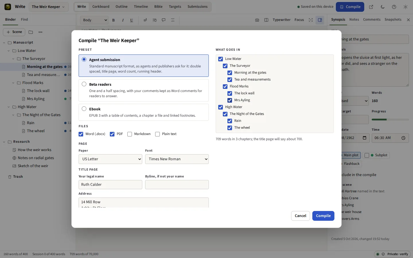 The compile window with the agent submission preset chosen, Word and PDF ticked, and the chapters to include