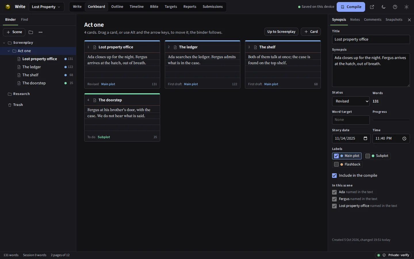 The same corkboard in the dark theme