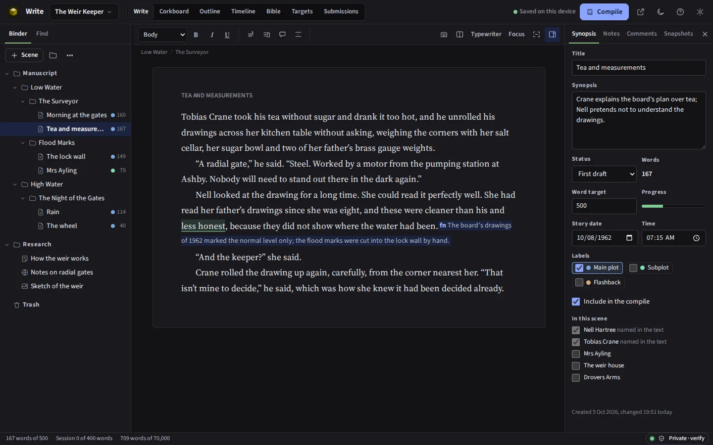 Write in the dark theme: the same scene of the sample novel in the manuscript editor, with the binder and the inspector beside it