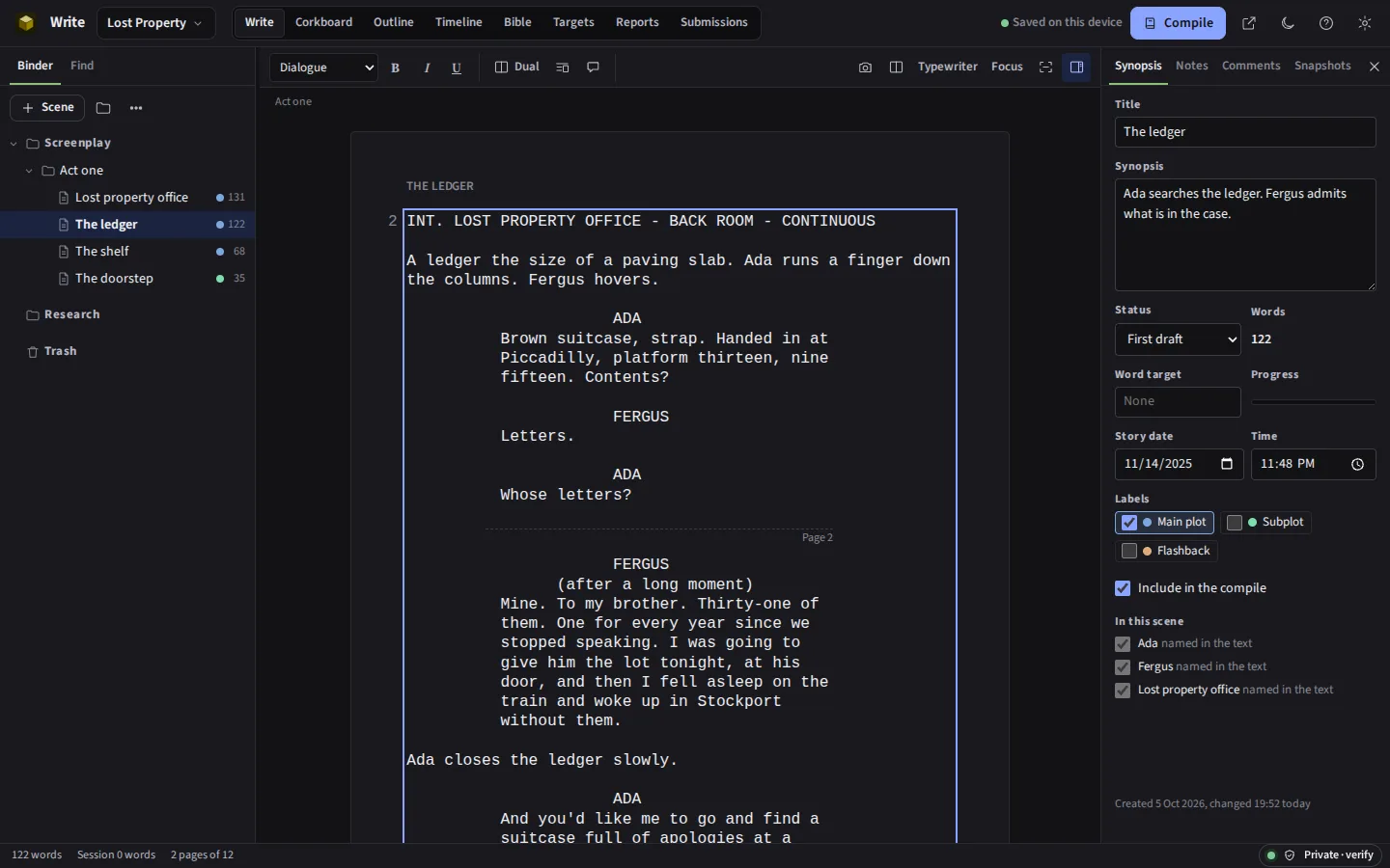 The same screenplay scene in the dark theme