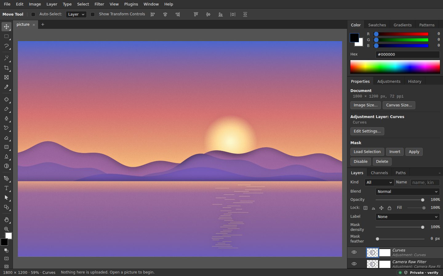 The Photo Editor: an evening landscape open on the canvas, with a Camera Raw Filter and a Curves adjustment layer above it in the Layers panel, the tools down the left and the colour and properties panels on the right