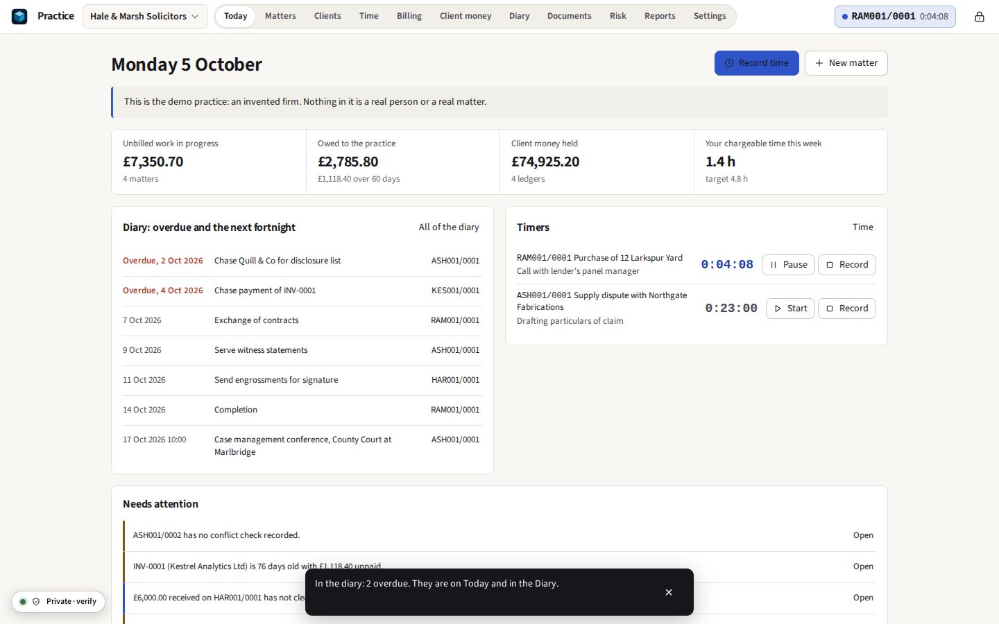 Practice in the light theme: the demo firm's Today screen, with unbilled work, money owed, client money held and the week's time across the top, the diary for the next fortnight and the running timers below